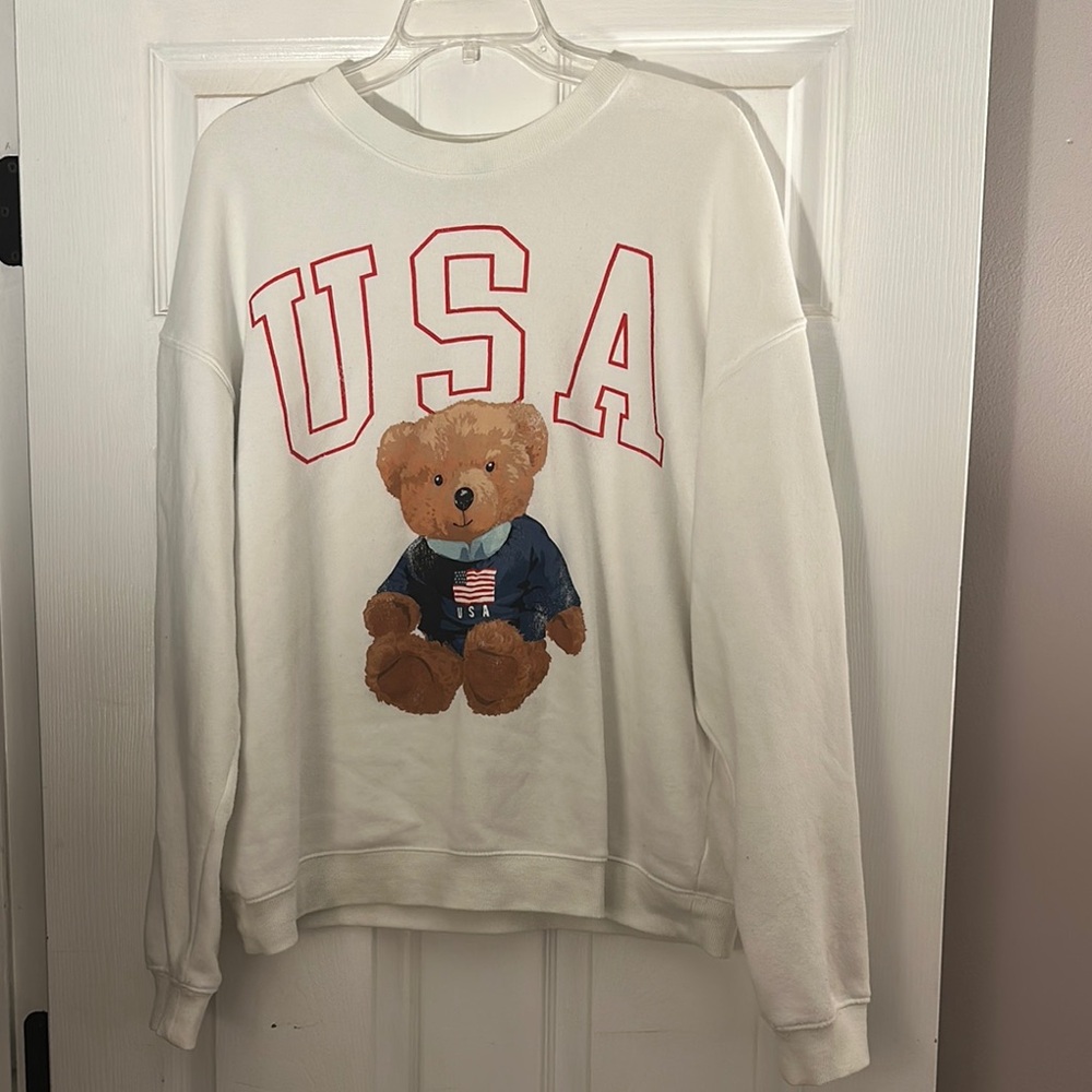 Grayson Threads White Crew Neck Sweater with Bear Design